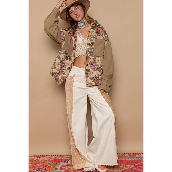 POL Floral Sequin & Velvet Side Stripe Wide Leg Jeans - Picture 5 of 15